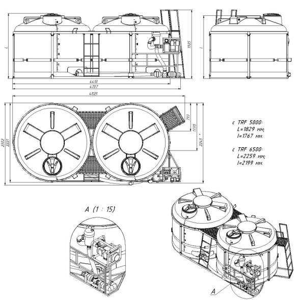 Комплекты полного слива ПВХ с фильтром и площадкой для мотопомп на две емкости TRF