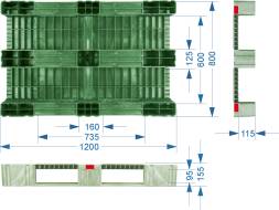 Паллет (поддон) пластиковый усиленный сплошной на 3-х полозьях, 1200х800х150 мм, красный [TR 1208-1-1] 