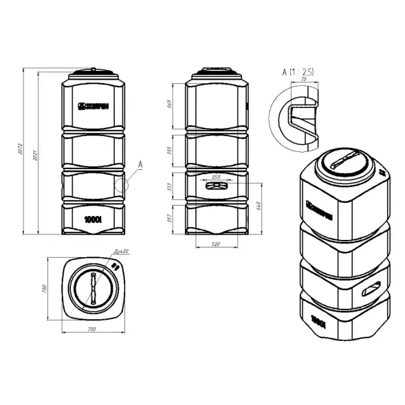 Емкость L 1000л под плотность до 1.2 г/см3 с откидной крышкой синяя