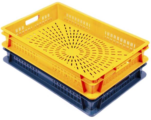 Ящик (евролоток) пластиковый штабелируемый, 600х400х100 мм, синий, перфорированный [600400100-0]
