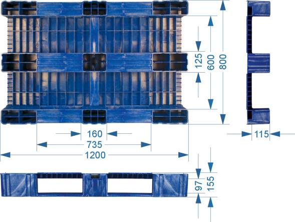 Паллет (поддон) пластиковый сплошной на 3-х полозьях, 1200x800х150 мм, серый [1200800150-02]