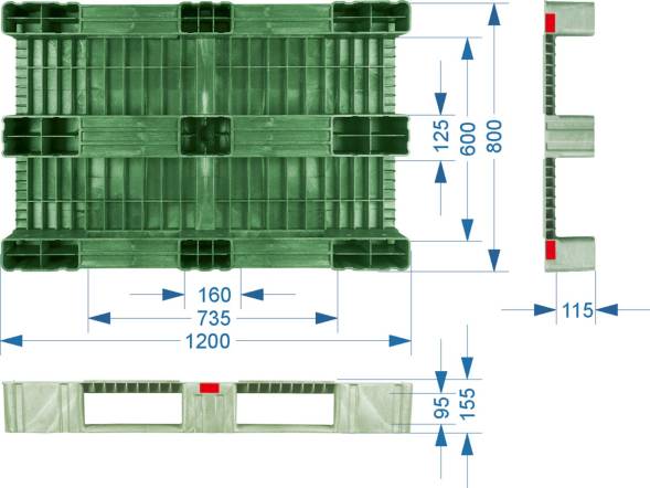 Паллет (поддон) пластиковый сплошной усиленный на 3-х полозьях, 1200x800х150 мм, серый [1200800150-00]
