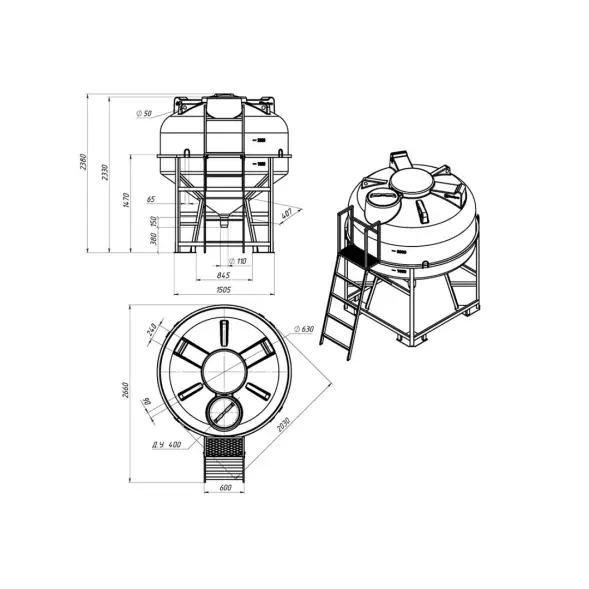 Емкость ЦКТ 3000 л с патрубком 110мм под плотность до 1,2 г/см3 белая в обрешетке с лестницей