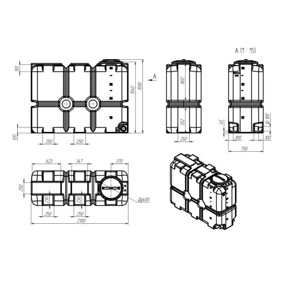 Емкость пластиковая для воды и дизельного топлива ST 2000 л с патрубками d100мм и откидной крышкой под плотность вещества до 1.0 г/см3, зеленый