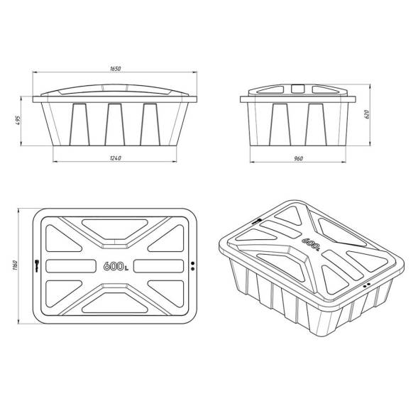Ванна пластиковая пищевая с крышкой KN, 600 л, 1.0 г/см³, HDPE, черный [121201.0600.899.000]